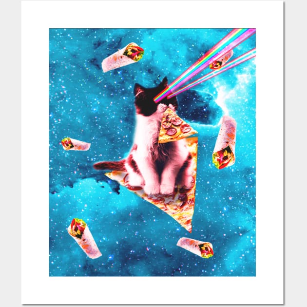 Space Cat Eating Pizza - Rainbow Laser Eyes, Burrito Wall Art by Random Galaxy